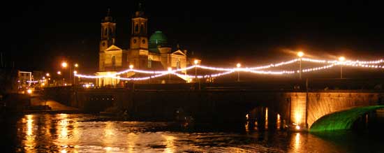 Athlone town bridge lit up by christmas lights