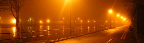 the strand in Athlone along the river Shannon at night in mist