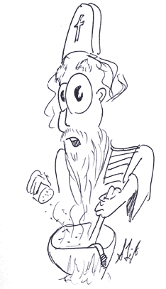 cartoon of saint patrick making snake pudding