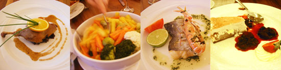 four of the five-course hodson bay meal, roast duck, steamed veg, hake with mini lobster and pear cheesecake